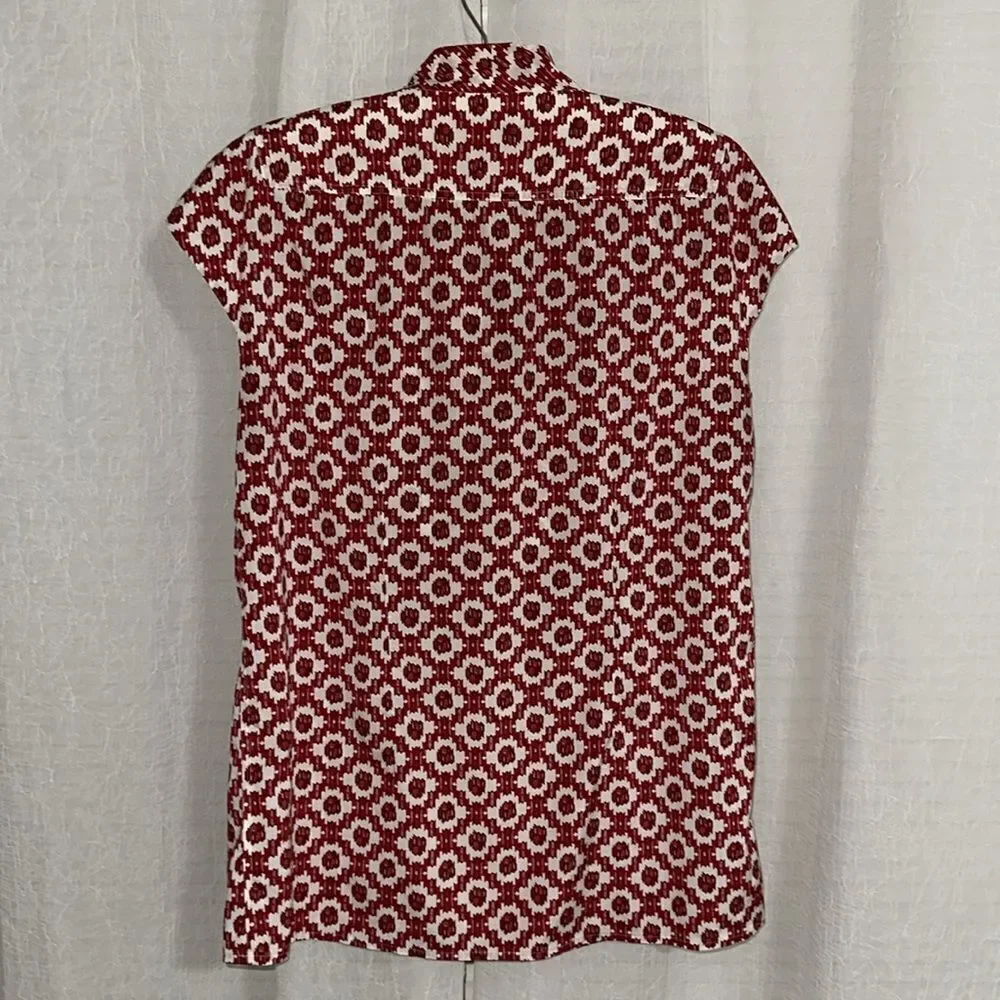 Tory Burch 10 Red White Pattern Cap Sleeve Neck Tie Silk Blouse